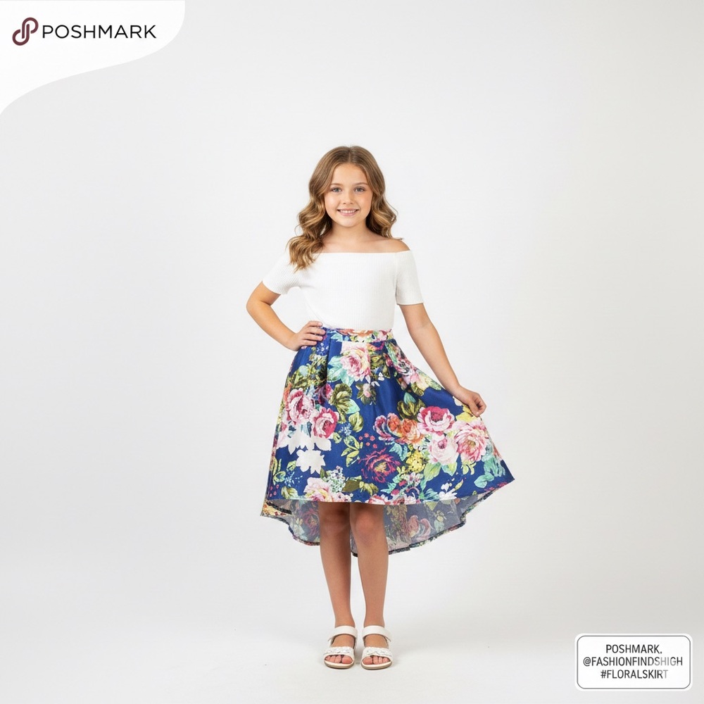 Iz Byer Floral Kids Skirt in Blue and Pink